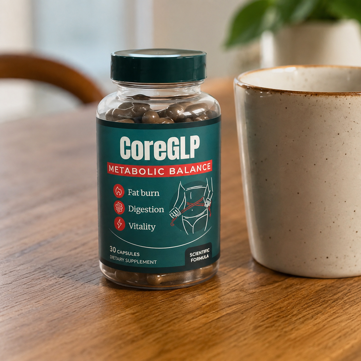 Eine Flasche CoreGLP auf einem Holztisch neben einer Kaffeetasse